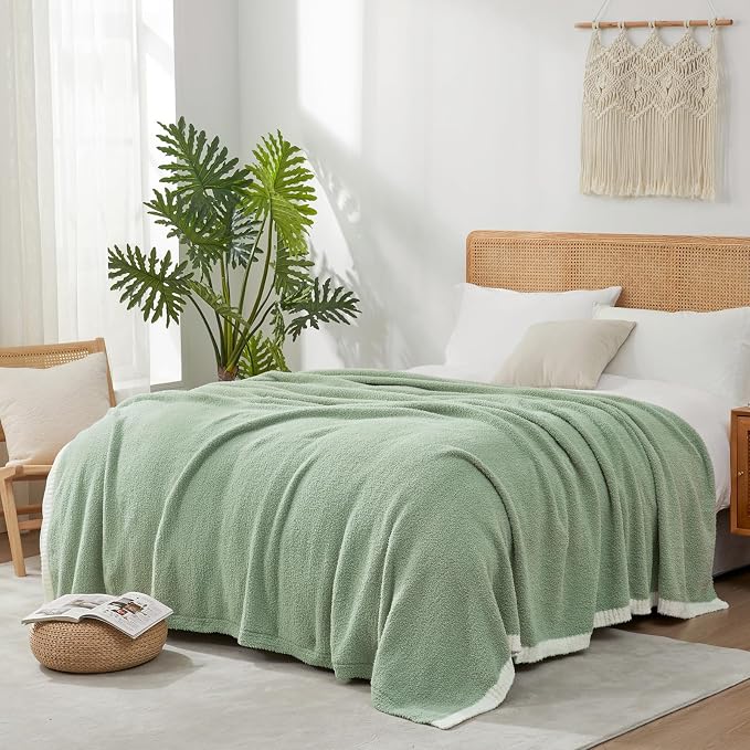 Snuggle Sac Sage Green Bedding Blankets Queen Size 90x90 inches, Reversible Microfiber Fluffy Fuzzy Soft Throw Cozy Knit Blanket for Women Mothers Birthday Gifts