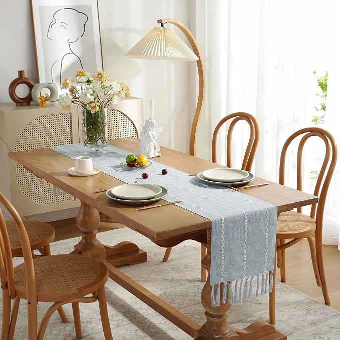 Wracra Rustic Linen Table Runner, Dusty Blue Table Runners 72 inches Long | Raised Embroidered Design and Hand-Tassels;Cotton Linen Woven Fabric; Farmhouse Table Runner;Home Kitchen Dining Decor