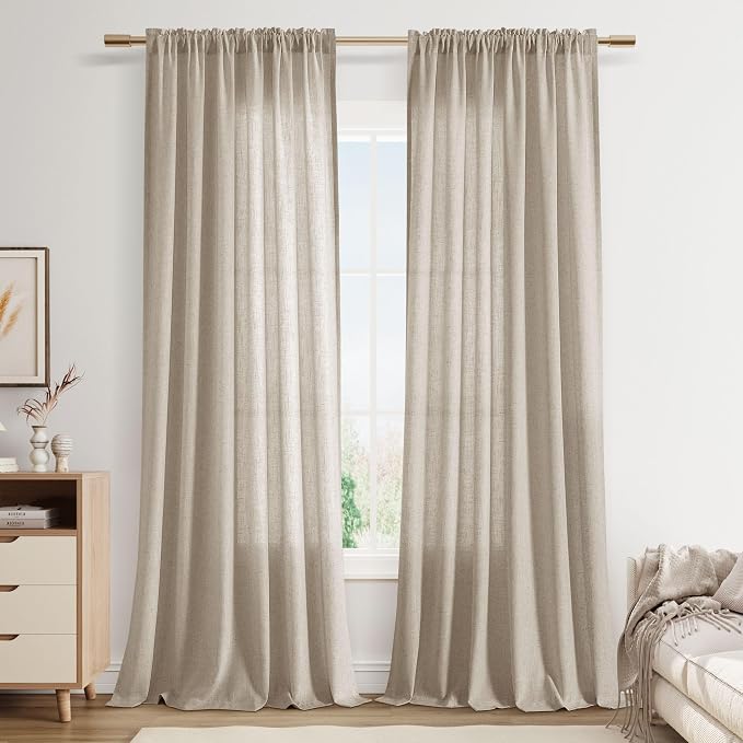 Cobblestone Linen Curtains 108 Inches Long Rod Pocket Semi Sheer Dining Room Cozy Bedroom Decor Cotton Look Country Rustic Farmhouse Boho Curtains 2 Panel Set,52x108