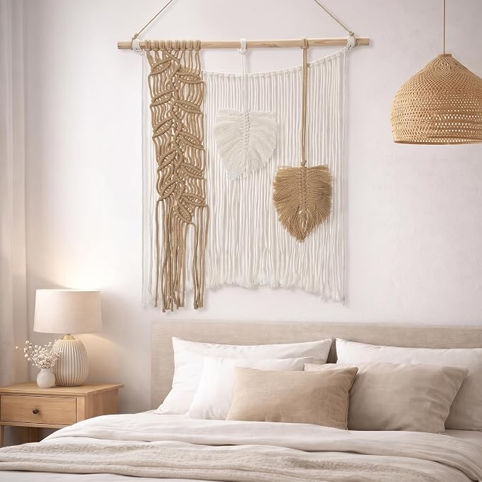 Briful Macrame Wall Hanging with Woven Feather Leaves 15.94" x 21.26"