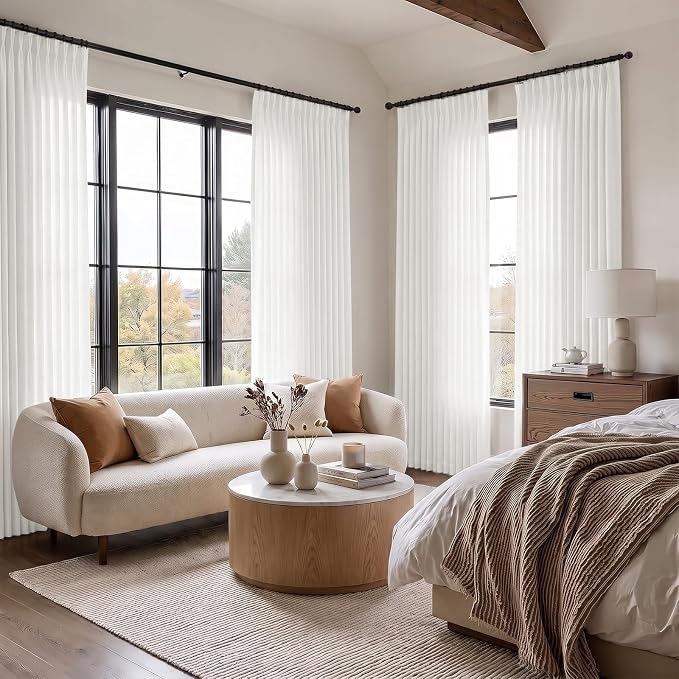 90 Inch Pinch Pleated Sheer Linen Blend White Curtains for Living Room | Light Filtering, Bedroom, Semi Sheer, Pinch Pleat, Hook Rings, Non See Through, Memory Shape, Snow White, W40xL90, 2 Panel