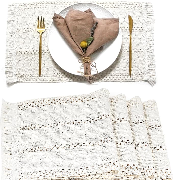 FEXIA Beige Boho Placemats Set of 4 Table Mats Farmhouse Home Dining Decor | 12x20" Place Mat Set of 4 Macrame Table Decor Farmhouse Burlap Placemats for Home Dining Table Centerpiece Home Decorations