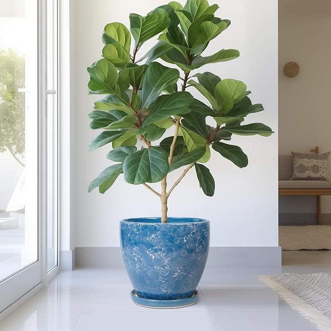 Ceramic Flower Pot - 10 Inch Planter with Drainage Hole and Saucer, Modern Large Planters, Decorative Plant Pot for Indoor Ourdoor, Room Home Garden Porch Decor, Plant Lover Gifts, Blue