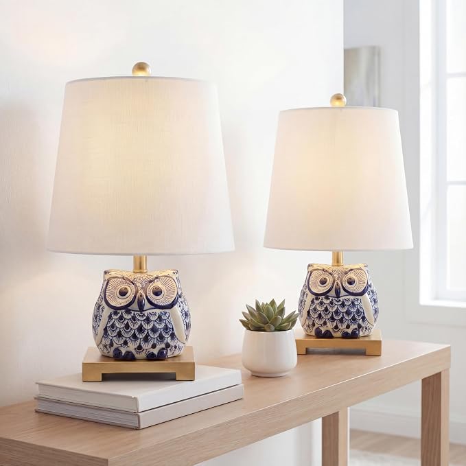 JONATHAN Y Justina Owl Mini Table Lamp 16" Ceramic, Blue/White, Set of 2