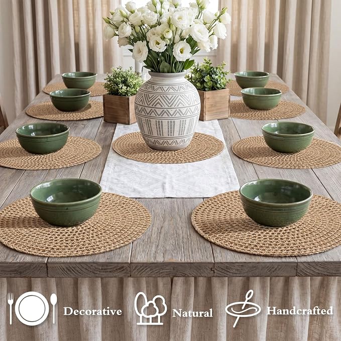 15 Inch Round Burlap Placemat Set of 6 Boho Jute Woven Charger Bulk Rustic Vintage Natural Brown Heat Resistant Dining Table Mat for Wedding Farmhouse Home Kitchen Summer Outdoor Decoration