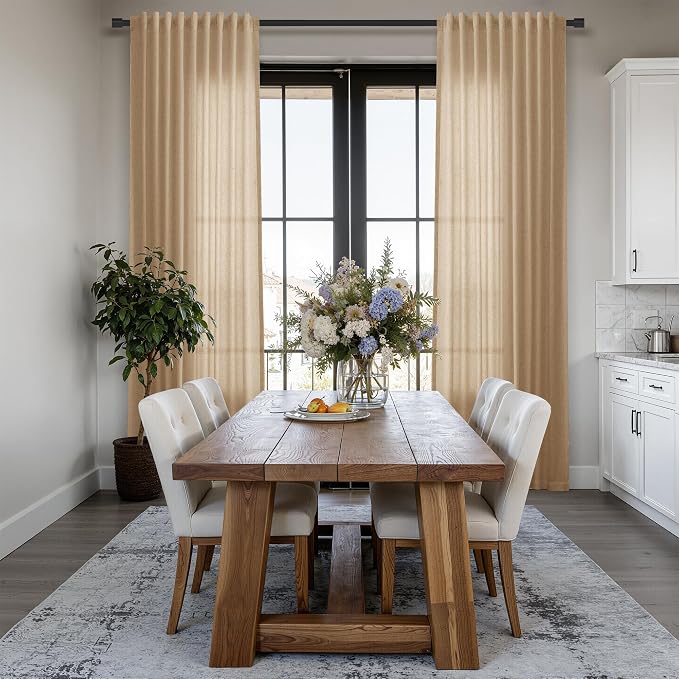 Linen Curtains 96 Inches Long for Living Room Back Tab Semi Sheer Floor to Ceiling 8ft Light Filtering Curtain Boho Farmhouse Decor Window Drapes for Bedroom 52x96 2 Panels Sand Beige