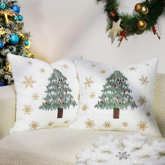 Lewondr Christmas Throw Pillow Cover, White, 18x18, Set of 2 | Luxury Soft Faux Fur Front, Velvet Back, Christmas Tree Embroidery, For Living Room Bed Couch Sofa Car Home Decor