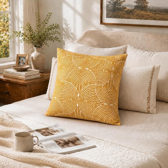 AELS Boho Decorative Textured Throw Pillow Covers 18x18, Organic Modern Mid Century Rainbow Tufted Pillow Case, Farmhouse Rustic Geometric Woven Cushion Case for Bed Couch Sofa, Mustard Yellow