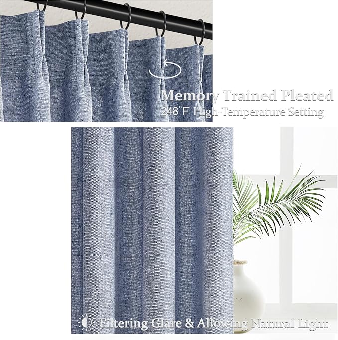Linen Pinch Pleated Dusty Blue Sheer Curtains 96 Inches Long Living Room