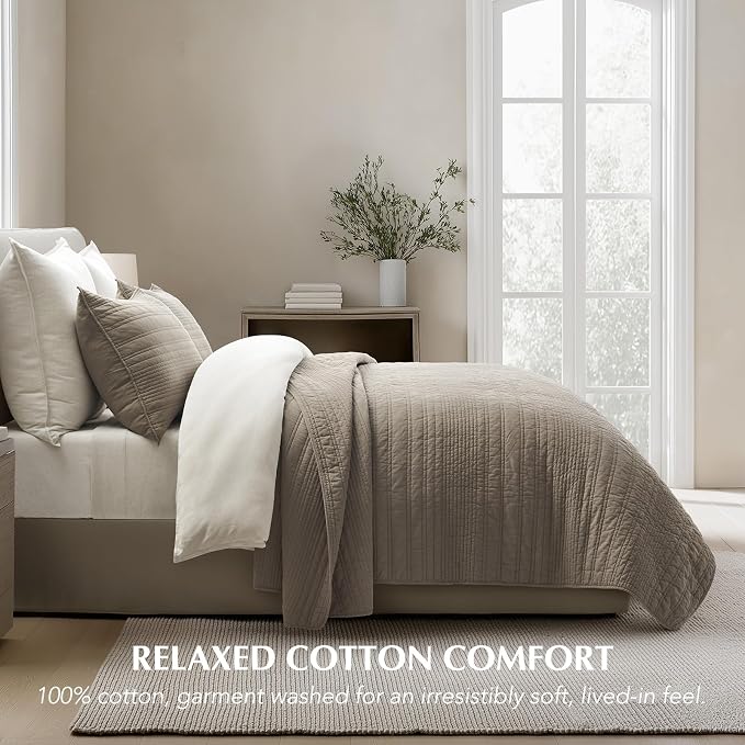 EVERGRACEHOME 100% Cotton Quilt Set Oversized Cal King, Stone Taupe | Pre-Washed Soft Cotton, Striped Coverlet Bedspread, 3 Piece Lightweight Bedding Set for All Season, with 2 Pillow Shams