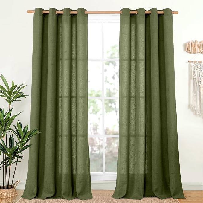 YoungsTex Olive Linen Curtains 90 Inch Length 2 Panels for Living Room | Dark Green Semi Sheer Drapes with Bronze Grommet Extre Long Window Treatments for Bedroom Dining, 52 X 90 Inch