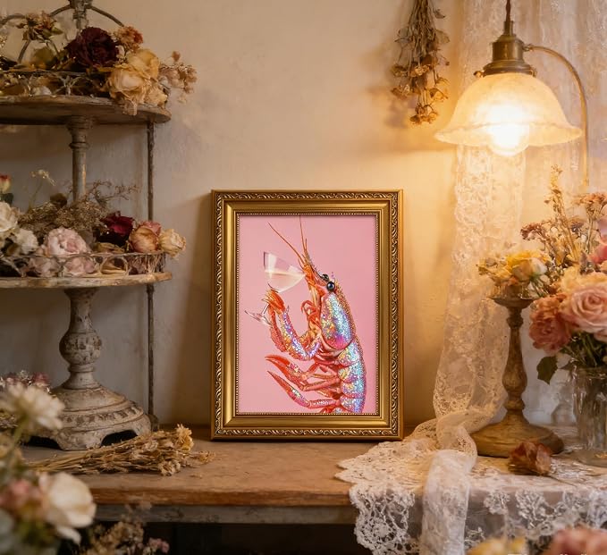 Vintage Gold Framed Bar Wall Art, Funny Pink Lobster With Martini Cocktail Canvas Print, Trendy Summer Coastal Beach Crayfish Painting Picture Poster Artwork for Kitchen Dining Room Restaurants