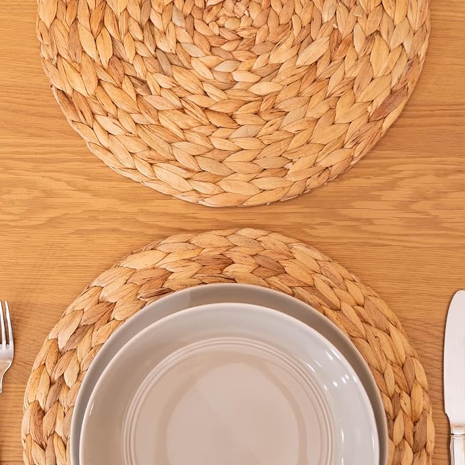 YANGQIHOME 6 Pack, Round Woven Placemats, Natural Water Hyacinth Wicker Place mats, Braided Straw Table Mats, Charger Plates for Dining Table, Fall, Thanksgiving, Christmas (11.8 inch)