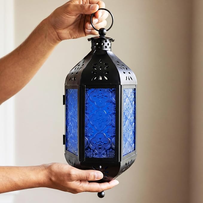 Vela Lanterns Hanging Moroccan Lantern with LED Twinkle Fairy Lights - Exotic Decorative Patio & Porch Decor, Indoor Outdoor Candle Lamp Holder with Chain (13" Large, Cobalt Blue Glass)