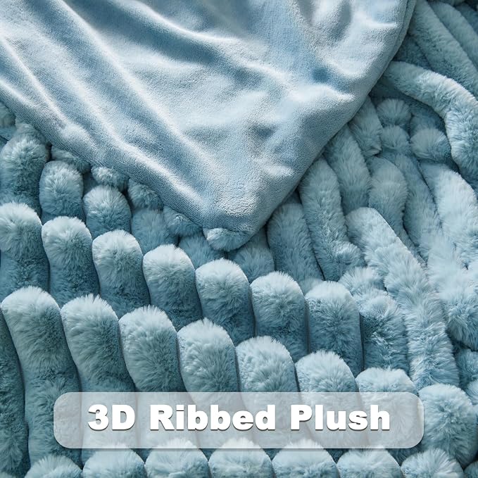 NEWCOSPLAY Faux Fur Ribbed Twin Blanket for Couch, Blue, 60"x80" | Plush Soft Thick Warm Blanket for Couch Sofa Bed 850GSM, Fluffy Cozy Luxury Decorative Throw, Gift for Women Men