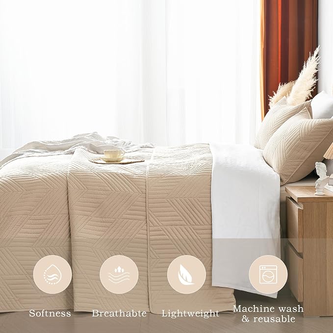 Davulos Queen Quilt Bedding Set,Beige Ultrasonic Full/Queen Quilt Set Reversible Microfiber Bedspread,Lightweight Soft Modern Geometric Coverlet Set for All Seasons(1 Quilt,2 Pillow Shams)