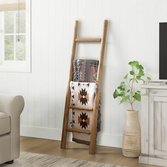 Wooden Blanket Ladder - 57in Natural Wood Color- Leaning Wall Decor for Bedroom, Bathroom, Living Room - Rustic Quilt Holder (Natural Wood Color, 57in | Knock Down)