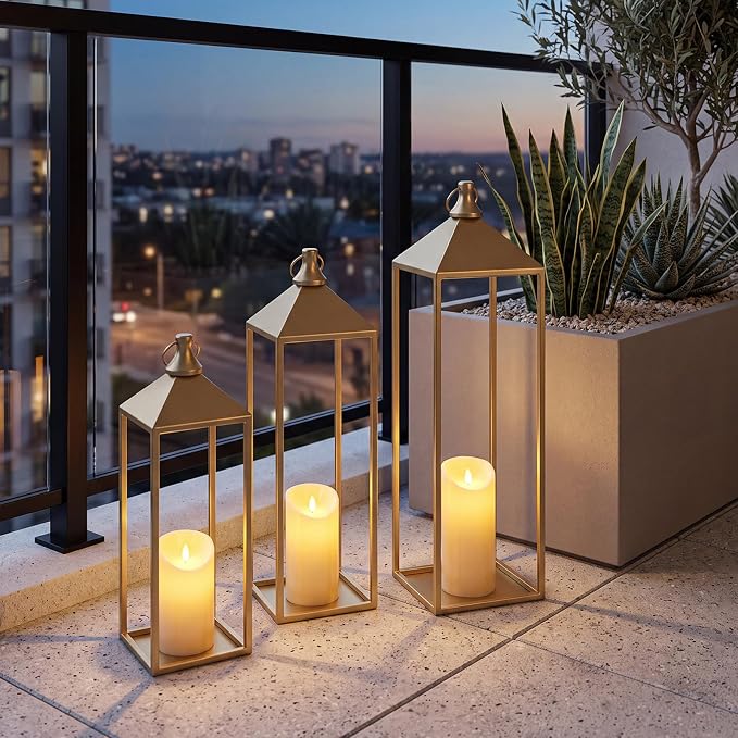 3 Pcs Large Gold Decorative Lanterns with Candles, Metal Candle Lantern | 22" 19" 17" Lanterns Decorative Outdoor Indoor for Covered Porch Patio Fireplace Mantel, Floor, Fall, Festival, No Glass