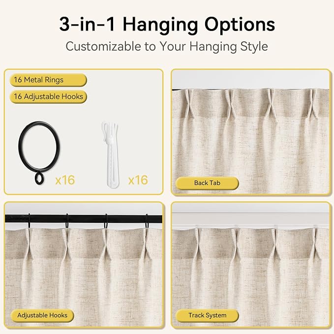 Liz Pinch Pleated Linen Curtains 84 Inches Long - Light Filtering Curtains for Living Room, Semi Sheer Window Curtains for Bedroom, Luxury Pinch Pleat Drapes with Hooks, Natural, 2 Panels Set