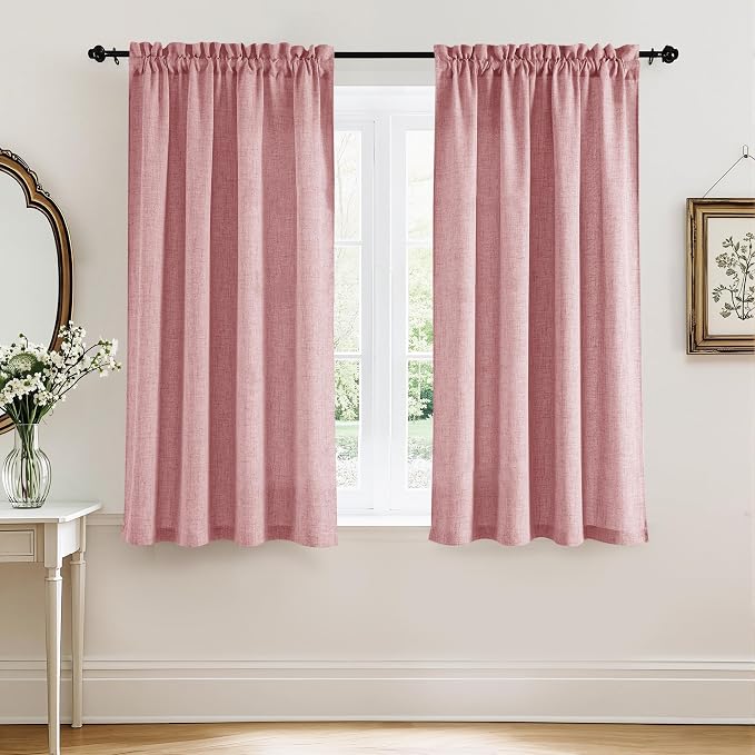 RYB HOME Linen Textured Semi Sheer Curtains 63 inches Long for Living Room | Half Privacy, Light Filtering, Faux Linen Blend, Office Nursery Laundry Dorm Bathroom, Peach Blush, 2 Panels Set