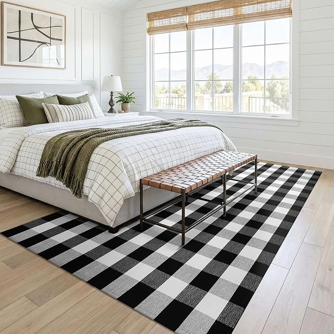 KOZYFLY Buffalo Plaid Area Rug 5x8 ft Living Room Rug, Black and White | Washable Checkered Rugs, Cotton Bedroom Rug, Woven Dining Room Rug, Indoor Outdoor Carpet for Farmhouse Patio Front Porch