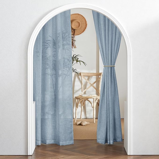 RYB HOME Farmhouse Boho Linen Sheer Curtains 90 inches Long for Living Room | Flax Linen Blend,Light Filtering,Semi Sheer,Wrinkle Resistance,Back Tab,Dorm Dining Room,W52 x L90,2 Panels,Dusty Blue