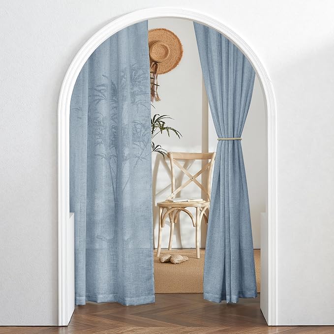 RYB HOME Sheer Curtains 102 inches, Extra Long Floor to Ceiling Curtains | Half Privacy, Light Filtering, Semi Sheer, Faux Linen Fabric, Living Room Bedroom, Back Tab, W52 x L102, 2 Panels, Dusty Blue