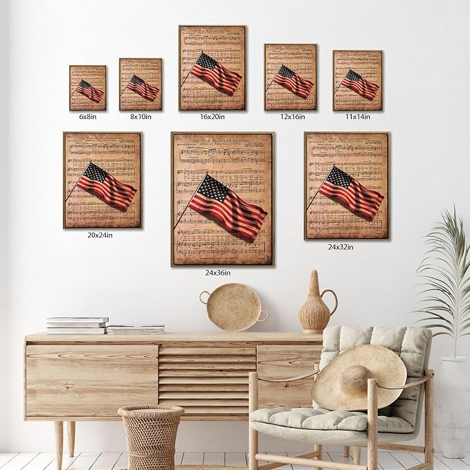 American Flag Framed Canvas Wall Art, 4th of July Patriotic Canvas Prints | Sheet Music Poster Print, Vintage Independence Day Wall Decor for Bedroom Living Room Office 16×20in