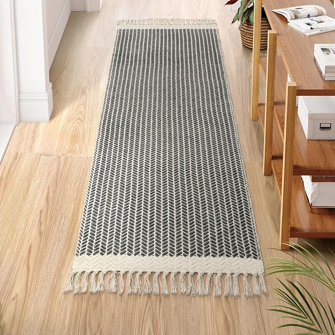 Lahome Boho Bathroom Runner Rug, 2x6 Washable Rugs for Kitchen Hallway | Woven Cotton Laundry Room Throw Carpet with Tassels, Farmhouse Decor Grey Non Shedding Lightweight Mat for Entryway Bath