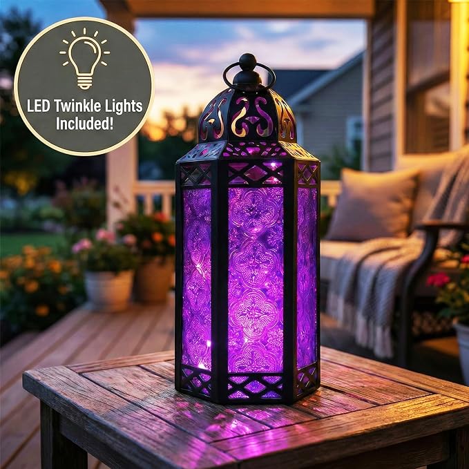 Vela Lanterns Purple Decor Candle Lantern Holder with LED Fairy Lights, M | Halloween Spooky Witch & Vampire Decor, Gothic Whimsigoth Home, Fantasy Flameless Moroccan Metal Hanging Lamp, 10.5" Tall