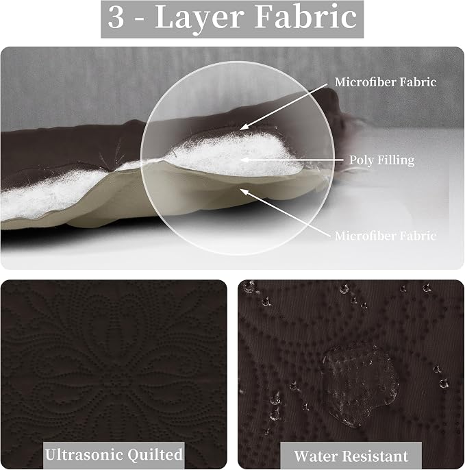 Easy-Going Reversible Quilt Set Full/Queen, Bedspread with 2 Shams | Damask-Chocolate/Beige, Lightweight Bed Comforter, 1 Quilt + 2 Pillow Shams, All-Season Coverlets for Bedroom