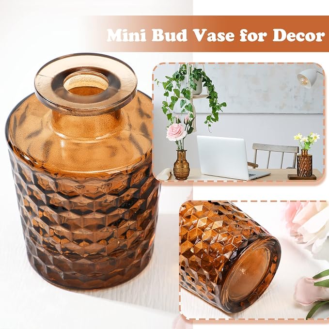 Inbagi 20 Pcs Glass Bud Vase Set - Dark Amber Small Flower Vases Bulk, Vintage Embossed Decorative Bottles for Wedding Valentine Home Table Centerpieces Decor