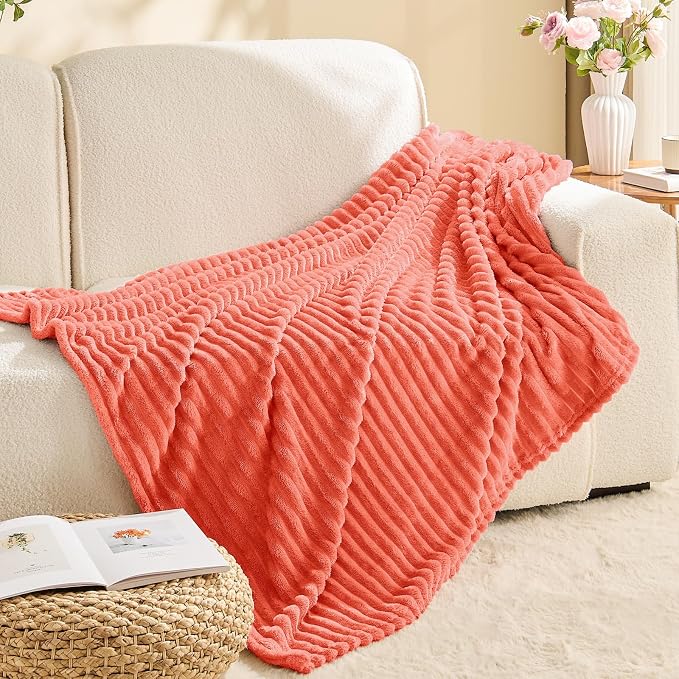 BEDELITE Ribbed Jacquard Coral Red Fleece Twin Blanket for Bed, 60x80 Inch | Soft Warm Decorative Fluffy Blanket, Cozy Plush Lightweight Fuzzy Throw Blanket for Couch Sofa Room Decor, Gift for Women