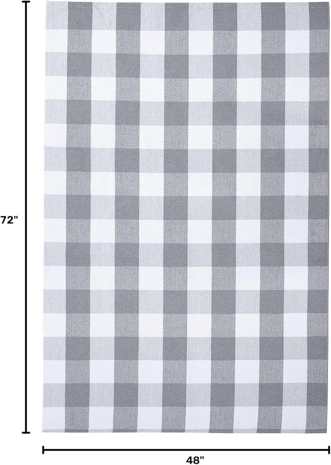 KOZYFLY Buffalo Plaid Rug 4x6 Ft Checkered Grey and White Front Door Mat | Washable Outdoor Rugs, Cotton Front Porch Rug, Woven Front Door Rug, Indoor Carpet for Living Room Dining Room Kitchen Patio