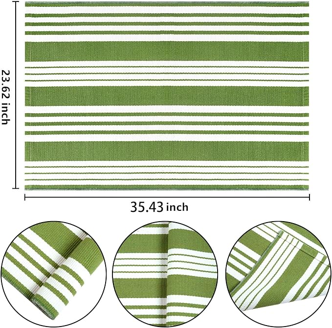 Green and White Striped Outdoor Rug 24'' x 35'' Door Mat Outdoor Machine Washable Welcome Mats Cotton Hand-Woven Entryway Rug for Front Porch/Entryway/Laundry/Bathroom/Bedroom