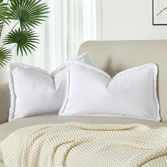 JUSPURBET White Decorative Velvet Fringe Throw Pillow Covers 16x24 Set of 2 Boho Soft Cushion Case for Home Decor Living Room Couch Sofa Bed