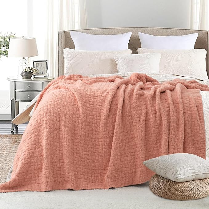 Pink Ultra Soft Knit Throw Blanket for Couch,60"X80" Microfiber Fluffy Cozy Warm Knitted Blankets with Checked Pattern for Sofa Bed
