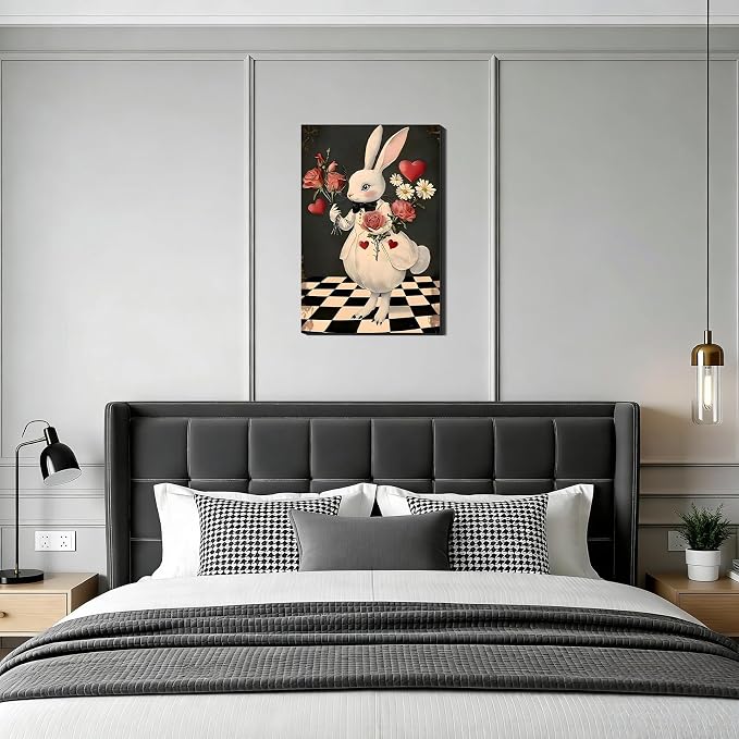 RIBNTAK Miss Rabbit with Rose Large Easter Wall Art 20x30, Sweet Spring Bunny Painting Canvas Prints for Mantle Decor, Bunny Pictures for Living Room, Kitchen, Holiday Home Decoration