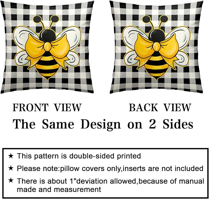 Honeybee Decorations Pillow Covers Black and White Buffalo Plaid Couch Cover 20 x 20 Spring Summer Throw Pillows Case Set of 2 Bees Home Decor for Indoor Living Room Bed