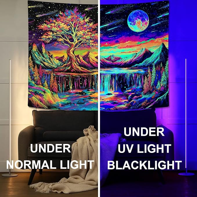 Zussun Blacklight Tree of Life Tapestry UV Reactive Moon Mountain Forest Waterfull Tapestry for Bedroom Aesthetic Nature Large Tapestries Wall Hanging for Dorm Living Room Decor 80 x 60 Inch