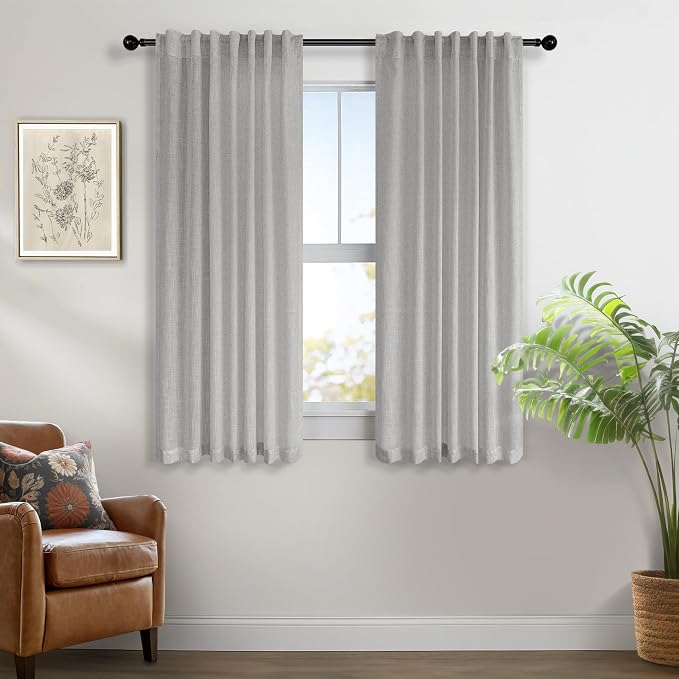 Light Grey Curtains 45 Inch Length for Kitchen Door 2 Panels Sets Rod Pocket Back Tab Loops Flax Linen Semi Transparent Opaque Short Gray Curtains for Bathroom Small Window Bedroom Contemporary Decor