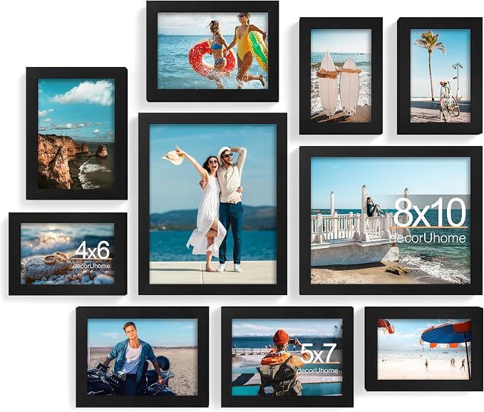decorUhome 10 Pack Assorted Picture Frame Set for Wall & Tabletop, P0710BK | Black, Multi Size Picture Frame Includes Two 8x10 / Four 5x7 / Four 4x6 for Family Gallery Wall