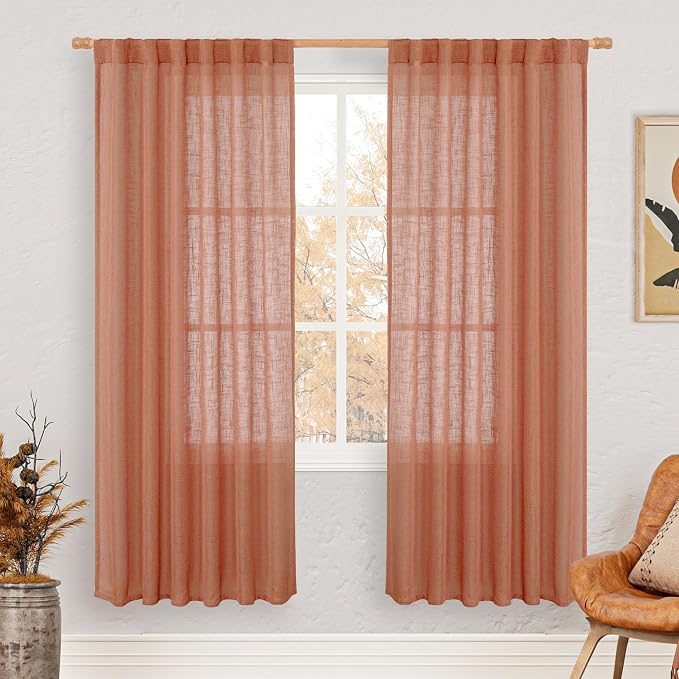 Terracotta Linen Boho Curtains 78 inch Length 2 Panels, 52 x 78 Inch | Light Filtering, Semi Sheer, Neutral, Curtains for Bedroom, Living Room, Window Treatment, Fall Decor, Rod Pocket Back Tab