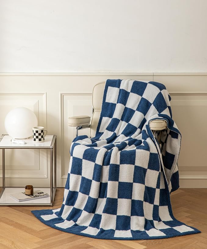 Ultra Soft Cozy Buffalo Checkerboard Grid Fluffy Microfiber Knitted Queen Blanket Super Soft Cozy Lightweight Fleece Checkered Bed Blanket for Sofa Couch Bed Travel (Navy, Queen：90"X90")