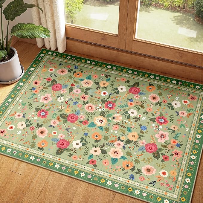 Washable Floral Area Rug for Living Room 2x3 Light Green | Non-Slip，Vacuum-Friendly, Low Pile, Flower Carpet for Bedroom Kitchen Entryway Dining Room Office Nursery