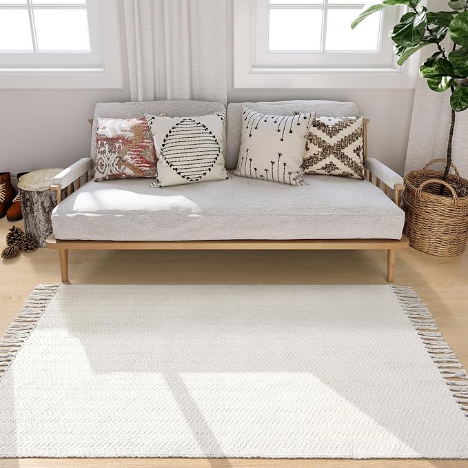 Lahome Boho Bathroom Rugs, 3x5 Washable Area Rug for Kitchen Bedroom Entry | Bath Door Mat with Tassels Woven Cotton, Farmhouse White Beige Low Pile Throw Carpet for Entryway Living Room Laundry Decor