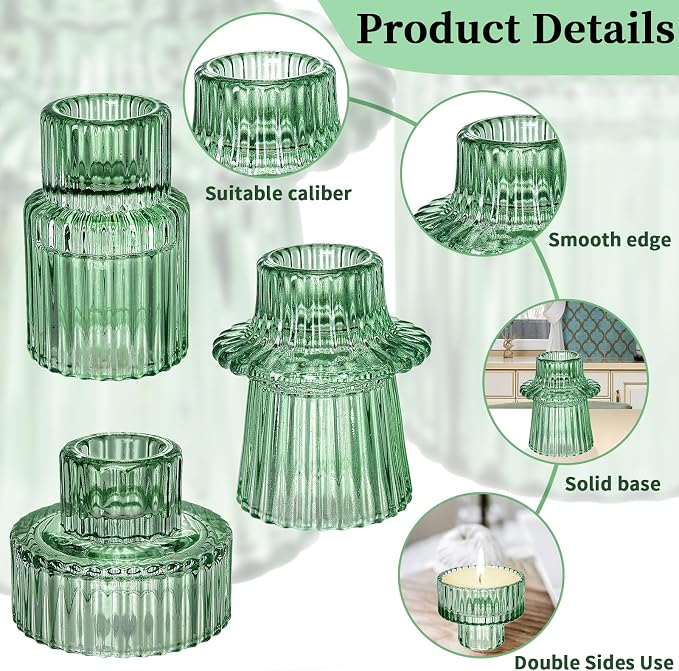 Glass Candlestick Holders - Set of 9 Green Tealight Candle Holder,3 Style Taper Candle for All Formal Events,Table Centerpieces,Wedding, Dinning,Church, Party & Festival Decoration