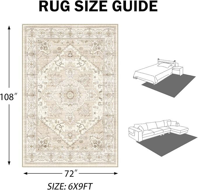 AooHHooA Washable Area Rug 6x9 Soft Stain Resistant Boho Vintage Rugs with Non Slip Backing, Low Pile Lightweight Large Rug for Living Room Bedroom Dining Room