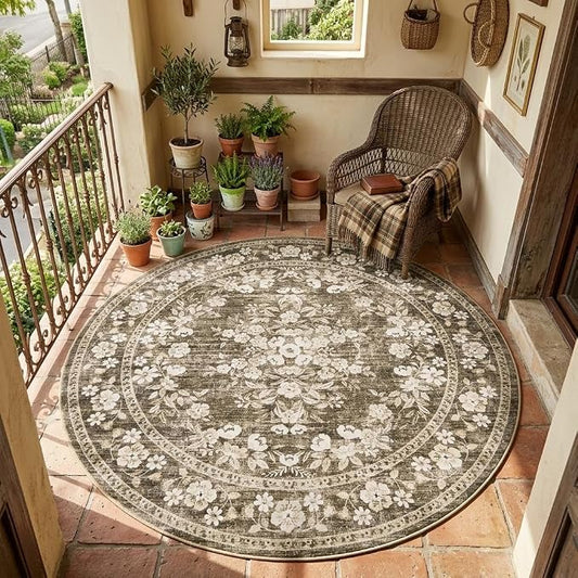 GarveeHome 6ft Floral Round Rug for Bedroom Leaf Flower Brown Botanical | hrow Rugs for Living Room Vintage Floral Carpet Low Pile Non-Slip Machine Washable Area Rug for Nursery Laundry Dining Room