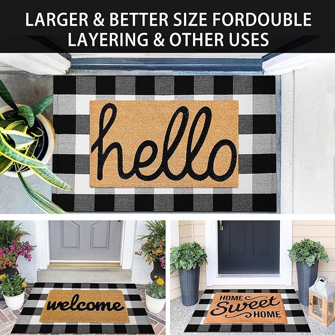 KOZYFLY Buffalo Plaid Area Rugs 27.5x43 Inches Black and White Checkered Rug Washable Front Door Mat Hand Woven Cotton Outdoor Rug Small Rug for Front Porch Kitchen Entryway Patio Bathroom | Washable Front Door Mat, Woven Cotton Outdoor Rug, Indoor Sma...